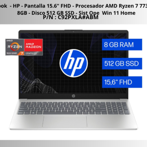 Notebook HP - 15.6" FHD - AMD Ryzen 7 7730U - Ram 8GB - Disco 512 GB SSD - Sist Ope Windows 11 Home